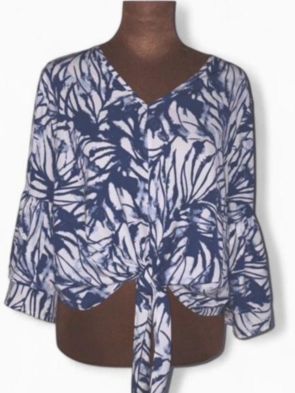 The Impeccable Pig Tropical Tie-Front Bell Sleeve Top Medium Boho Blue White